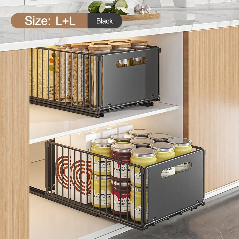 “Organizador Ajustable Extraíble para Cajones de Cocina – Bandeja Deslizante para Botellas de Condimentos, Especias y Accesorios de Cocina”