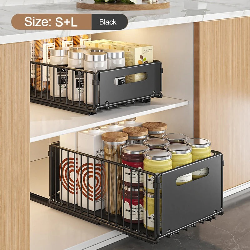 “Organizador Ajustable Extraíble para Cajones de Cocina – Bandeja Deslizante para Botellas de Condimentos, Especias y Accesorios de Cocina”