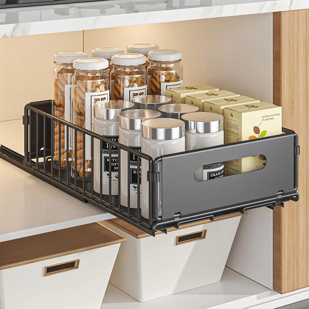 “Organizador Ajustable Extraíble para Cajones de Cocina – Bandeja Deslizante para Botellas de Condimentos, Especias y Accesorios de Cocina”