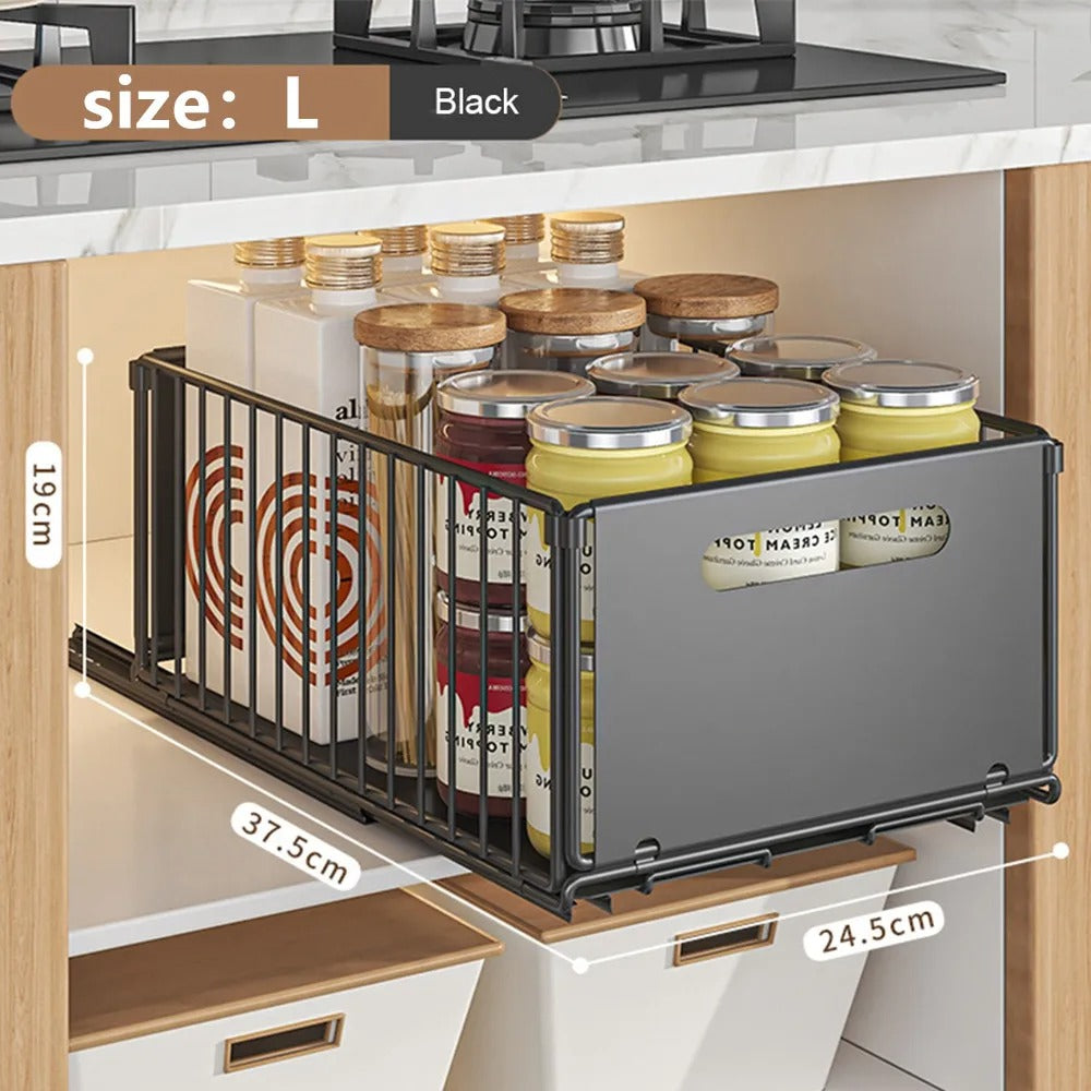 “Organizador Ajustable Extraíble para Cajones de Cocina – Bandeja Deslizante para Botellas de Condimentos, Especias y Accesorios de Cocina”